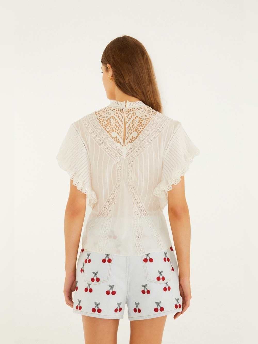 new Farm Rio Off-White Blouse With Appliqués voile and lace flutter sleeve - Picture 5 of 12